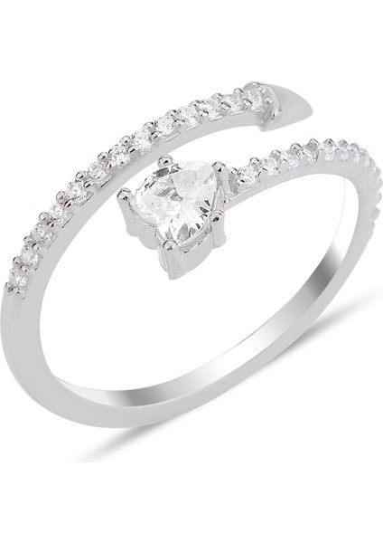 Gümüş Rodyumlu Zirkon Taşlı Üstten Ayarlanabilir Kalp Yüzük SGTL12233RODAJ