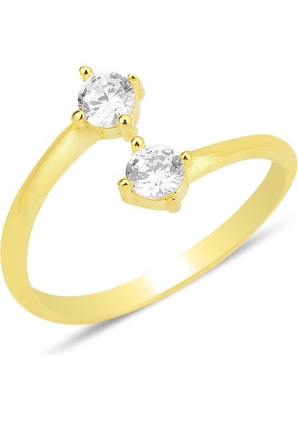 Gümüş Altın Yaldızlı Zirkon Taşlı Üstten Ayarlanabilir Nova Yüzük SGTL12239GOLD
