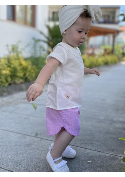 Mini Yaka Detaylı Keten Gömlek Ve Şort Takım Pembe