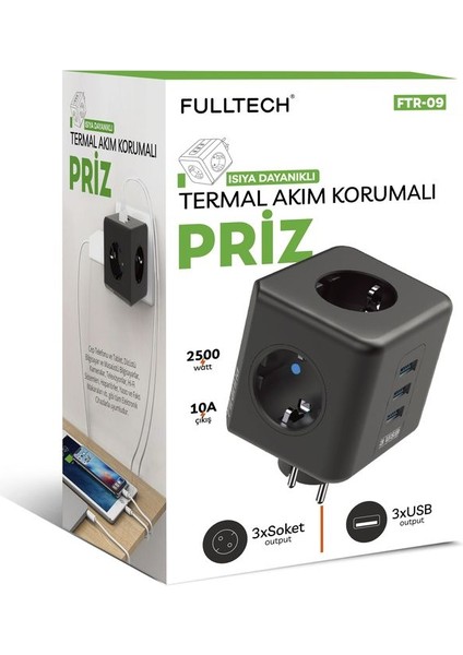 3 Priz 3xusb 10A 2500W Termal Akım Korumalı Priz TGFTR09