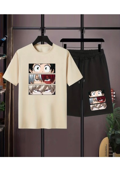Özel Tasarım Japon Anime Baskılı %100 Pamuk Oversize Erkek Çocuk T-Shırt Şort Takımı