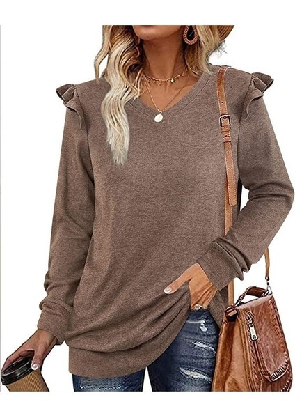 Kadın Günlük V Yaka Fırfırlı Uzun Kollu T-Shirt (Yurt Dışından)