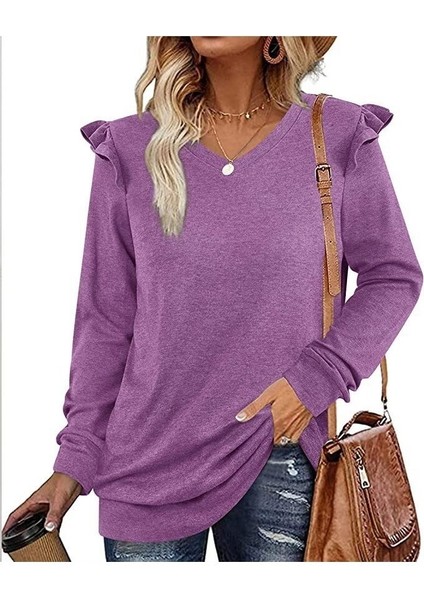 Kadın Günlük V Yaka Fırfırlı Uzun Kollu T-Shirt (Yurt Dışından) modelleri