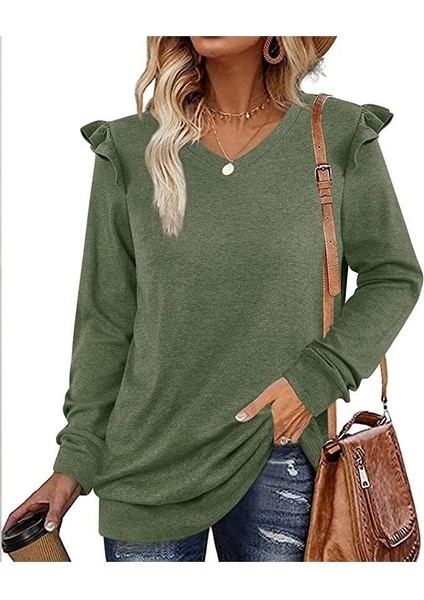 Kadın Günlük V Yaka Fırfırlı Uzun Kollu T-Shirt (Yurt Dışından) fırsatları