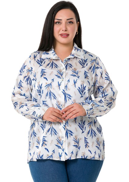 Büyük Beden Kuru Dal Desenli Yoryo Saten Indigo Gömlek