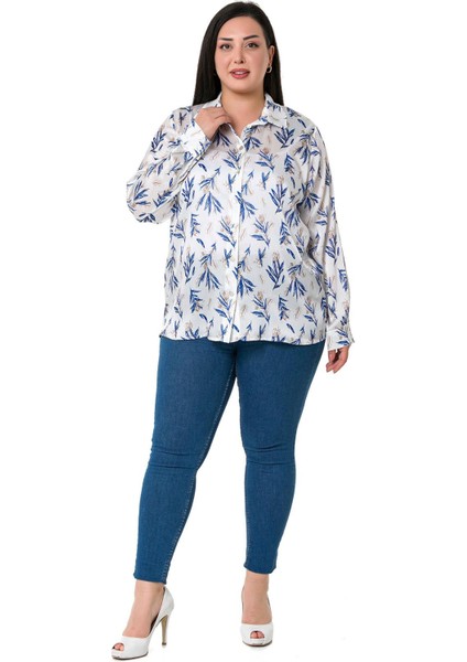 Büyük Beden Kuru Dal Desenli Yoryo Saten Indigo Gömlek fiyatları