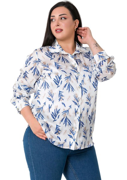 Büyük Beden Kuru Dal Desenli Yoryo Saten Indigo Gömlek fırsatları