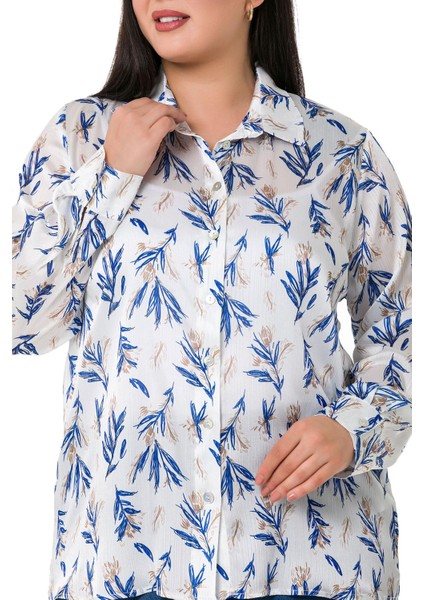 Büyük Beden Kuru Dal Desenli Yoryo Saten Indigo Gömlek indirimleri