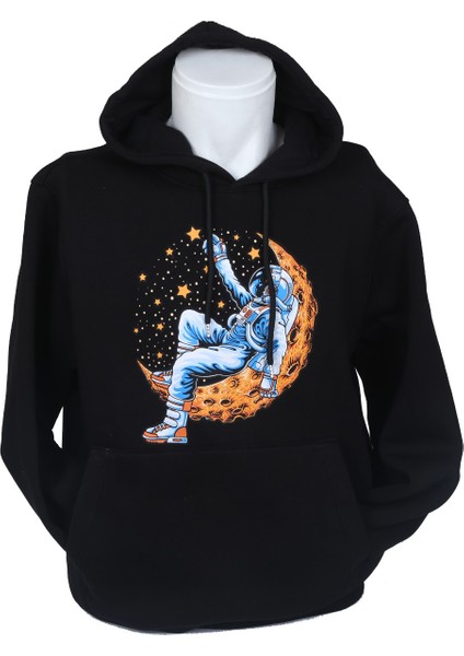 Siyah Oversize Kapüşonlu Astronot Baskılı Sweatshirt
