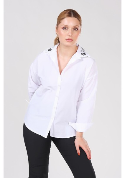 Kadın Yaka Işlemeli Gömlek Beyaz fırsatları