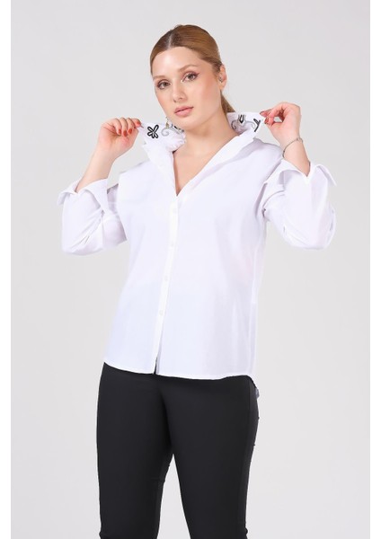 Kadın Yaka Işlemeli Gömlek Beyaz indirimleri