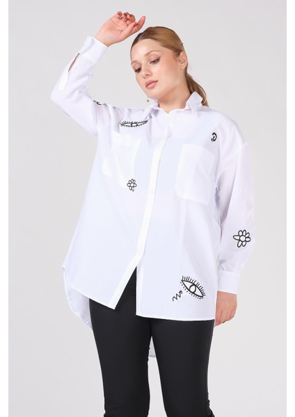 Kadın Işlemeli Overize Gömlek Beyaz