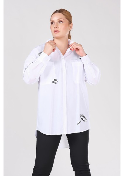Kadın Işlemeli Overize Gömlek Beyaz modelleri