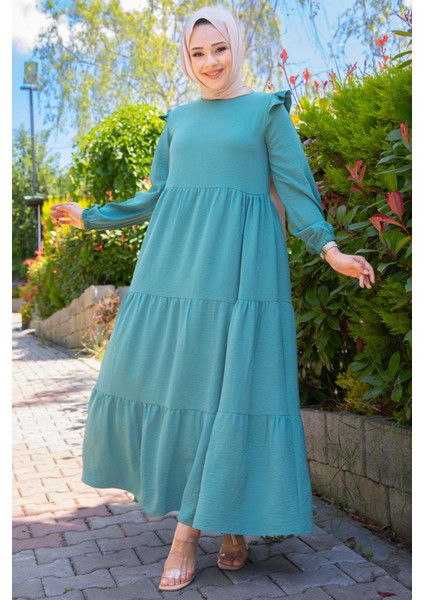 Omuzu Fırfırlı Ayrobin Tesettür Elbise Mint
