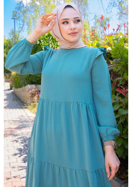 Omuzu Fırfırlı Ayrobin Tesettür Elbise Mint fiyatları