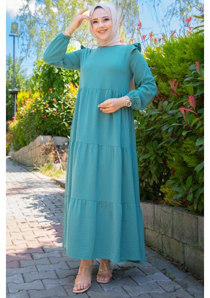 Omuzu Fırfırlı Ayrobin Tesettür Elbise Mint modelleri