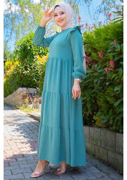 Omuzu Fırfırlı Ayrobin Tesettür Elbise Mint fırsatları
