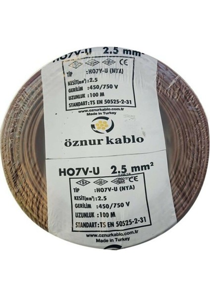 2,5 Nya Kablo Bakır Kahve Renk 100 M 2,5 Nya Kahve 2,5 mm Nya Öznur