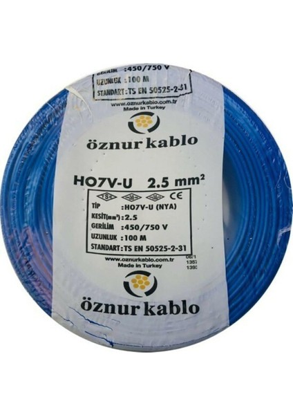 2,5 Nya Kablo Bakır Mavi Renk 100 M 2,5 Nya Mavi 2,5 mm Nya Öznur