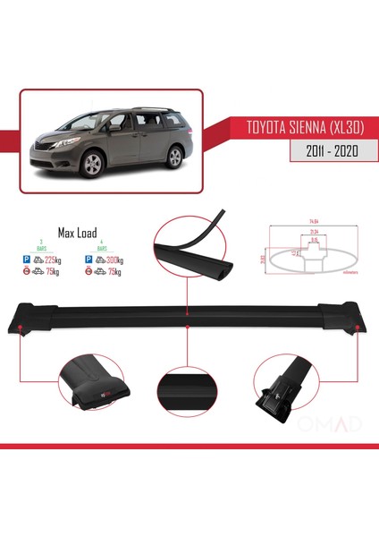 Toyota Sienna (XL30) 2011-2020 Arası ile Uyumlu Fly Model Ara Atkı Tavan Barı Siyah 3 Adet Bar