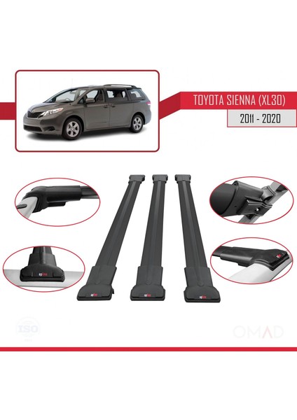 Toyota Sienna (XL30) 2011-2020 Arası ile Uyumlu Fly Model Ara Atkı Tavan Barı Siyah 3 Adet Bar