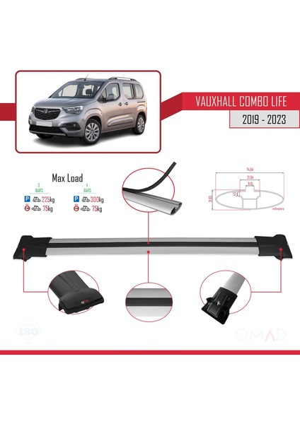 Vauxhall Combo Life 2019 ve Sonrası ile Uyumlu Fly Model Ara Atkı Tavan Barı Gri 3 Adet Bar modelleri