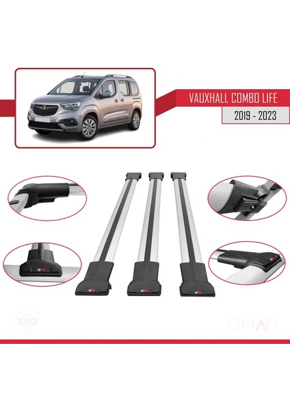 Vauxhall Combo Life 2019 ve Sonrası ile Uyumlu Fly Model Ara Atkı Tavan Barı Gri 3 Adet Bar fırsatları