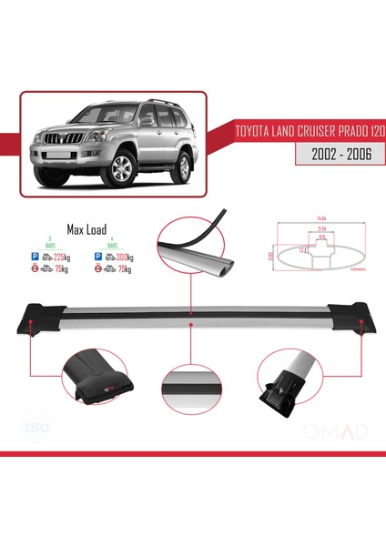 Toyota Land Cruiser Prado (J120) 2002-2006 Arası ile Uyumlu Fly Model Ara Atkı Tavan Barı Gri 3 Adet Bar