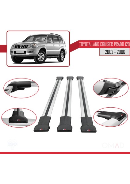 Toyota Land Cruiser Prado (J120) 2002-2006 Arası ile Uyumlu Fly Model Ara Atkı Tavan Barı Gri 3 Adet Bar