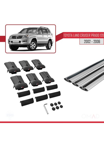 Toyota Land Cruiser Prado (J120) 2002-2006 Arası ile Uyumlu Fly Model Ara Atkı Tavan Barı Gri 3 Adet Bar