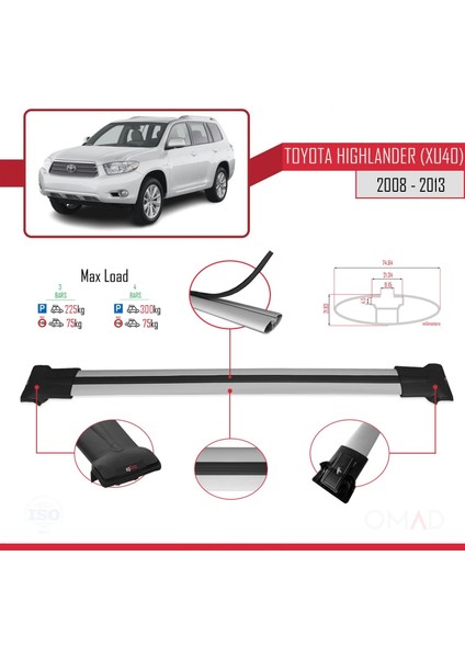 Toyota Highlander (XU40) 2008-2013 Arası ile Uyumlu Fly Model Ara Atkı Tavan Barı Gri 3 Adet Bar