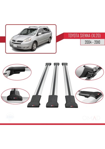 Toyota Sienna (XL20) 2004-2010 Arası ile Uyumlu Fly Model Ara Atkı Tavan Barı Gri 3 Adet Bar