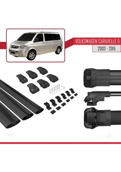 Volkswagen Caravelle (T5) 2003-2015 Arası ile Uyumlu Ace-1 Ara Atkı Tavan Barı Siyah 3 Adet Bar
