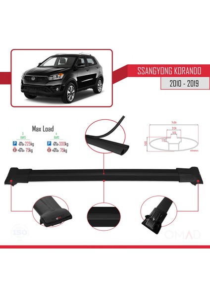 Ssangyong Korando (C) 2010-2019 Arası ile Uyumlu Fly Model Ara Atkı Tavan Barı Siyah 3 Adet Bar