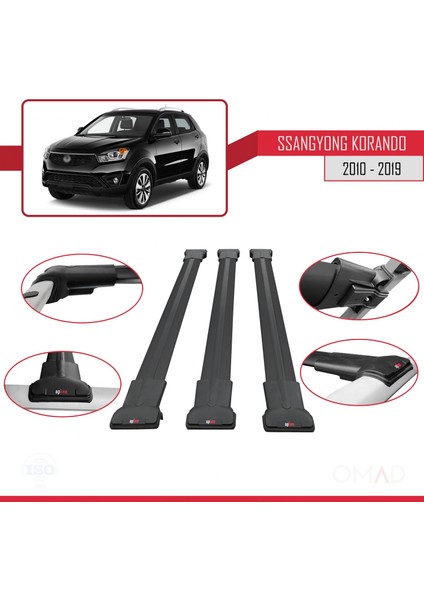 Ssangyong Korando (C) 2010-2019 Arası ile Uyumlu Fly Model Ara Atkı Tavan Barı Siyah 3 Adet Bar