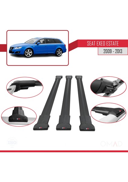 Seat Exeo 3r9 2009-2013 Arası ile Uyumlu Fly Model Ara Atkı Tavan Barı Siyah 3 Adet Bar