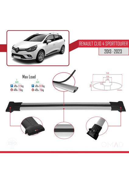 Renault Clio Sport Tourer 2013 ve Sonrası ile Uyumlu Fly Model Ara Atkı Tavan Barı Gri 3 Adet Bar