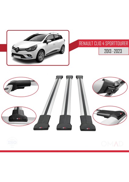 Renault Clio Sport Tourer 2013 ve Sonrası ile Uyumlu Fly Model Ara Atkı Tavan Barı Gri 3 Adet Bar