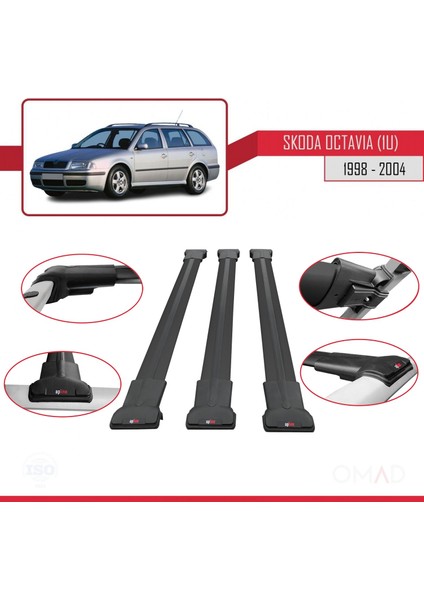Skoda Octavia (1u) 1998-2004 Arası ile Uyumlu Fly Model Ara Atkı Tavan Barı Siyah 3 Adet Bar
