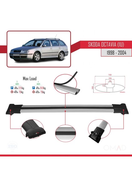 Skoda Octavia (1u) 1998-2004 Arası ile Uyumlu Fly Model Ara Atkı Tavan Barı Gri 3 Adet Bar