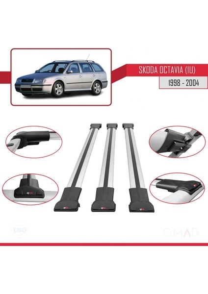 Skoda Octavia (1u) 1998-2004 Arası ile Uyumlu Fly Model Ara Atkı Tavan Barı Gri 3 Adet Bar