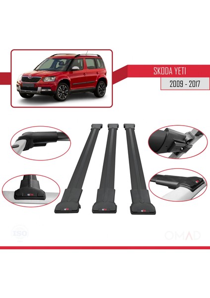 Skoda Yeti 2009-2017 Arası ile Uyumlu Fly Model Ara Atkı Tavan Barı Siyah 3 Adet Bar fırsatları