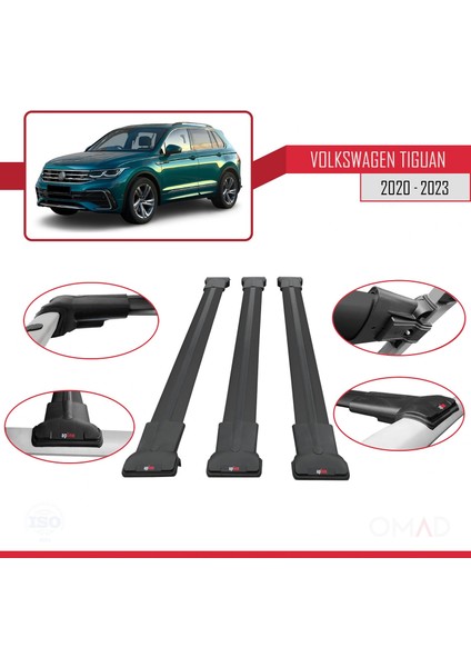 Volkswagen Tiguan 2020 ve Sonrası ile Uyumlu Fly Model Ara Atkı Tavan Barı Siyah 3 Adet Bar