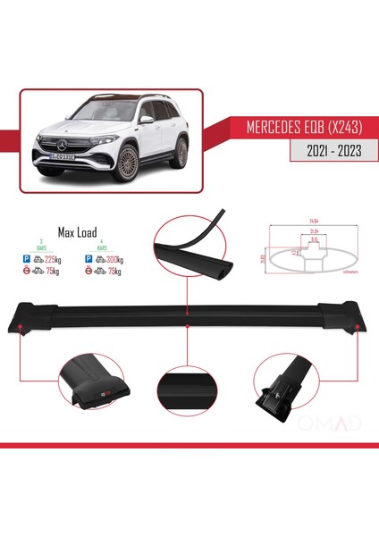 Mercedes Eqb (X243) 2021 ve Sonrası ile Uyumlu Fly Model Ara Atkı Tavan Barı Siyah 3 Adet Bar modelleri