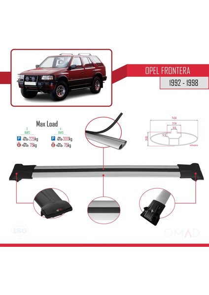 Opel Frontera 1992-1998 Arası ile Uyumlu Fly Model Ara Atkı Tavan Barı Gri 3 Adet Bar