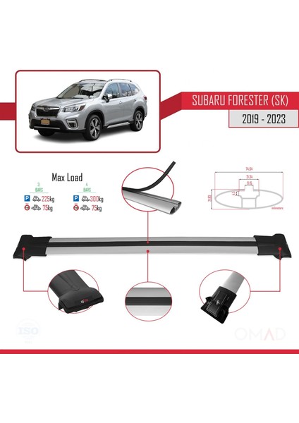 Subaru Forester (Sk) 2019 ve Sonrası ile Uyumlu Fly Model Ara Atkı Tavan Barı Gri 3 Adet Bar