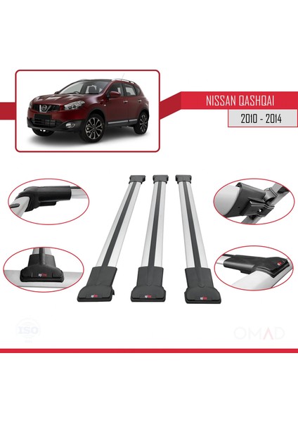 Nissan Qashqai 2010-2014 Arası ile Uyumlu Fly Model Ara Atkı Tavan Barı Gri 3 Adet Bar