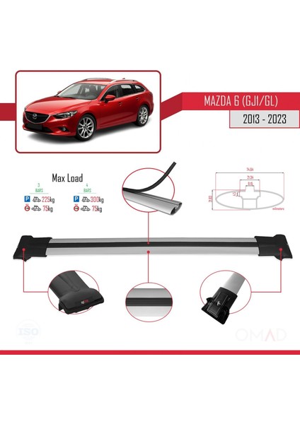 Mazda 6 (Gj1/gl) 2013 ve Sonrası ile Uyumlu Fly Model Ara Atkı Tavan Barı Gri 3 Adet Bar