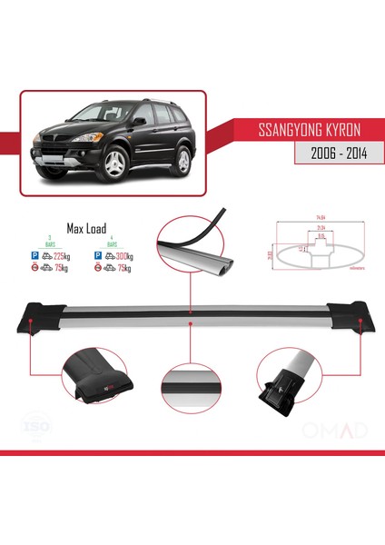 Ssangyong Kyron 2006-2014 Arası ile Uyumlu Fly Model Ara Atkı Tavan Barı Gri 3 Adet Bar