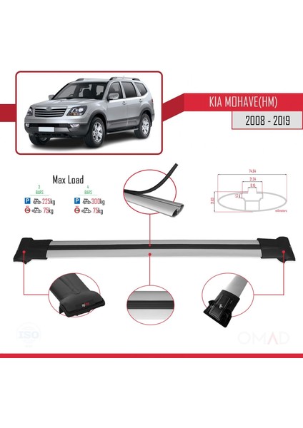 Kia Mohave (Hm) 2008-2019 Arası ile Uyumlu Fly Model Ara Atkı Tavan Barı Gri 3 Adet Bar